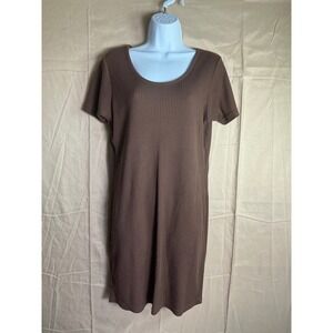 Express Ribbed Knit T-Shirt Dress Brown Short Sleeve Scoop Neck Mini Casual